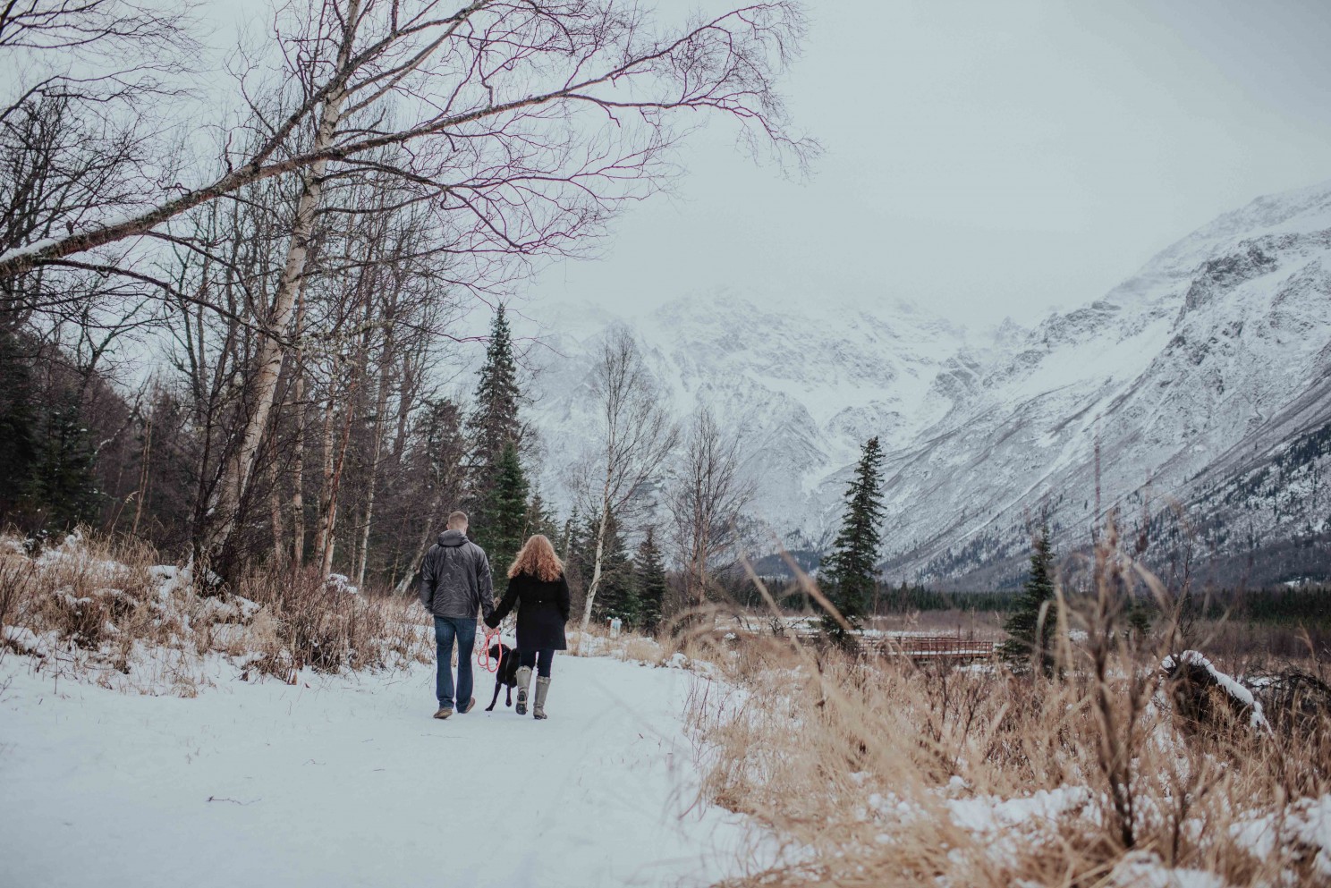 Couple waking in the woods in winter